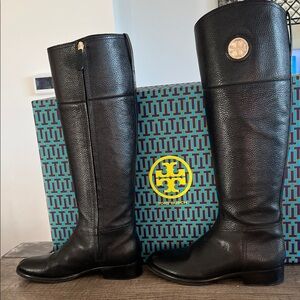 Tory Burch Black Leather Tall Boots with Gold Emblem